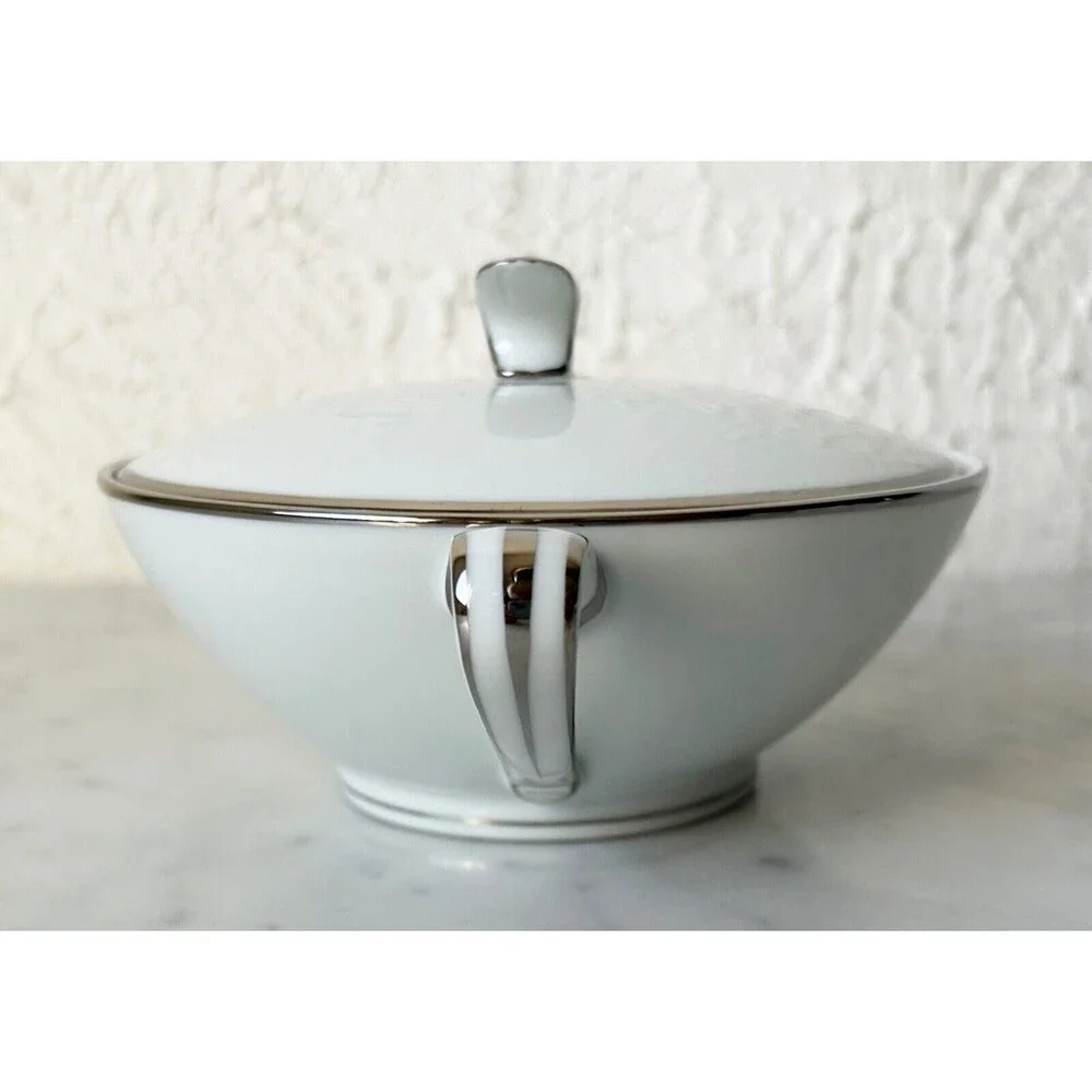 Vintage Noritake Colony China Japan Sugar Bowl & Lid White Platinum Trim
